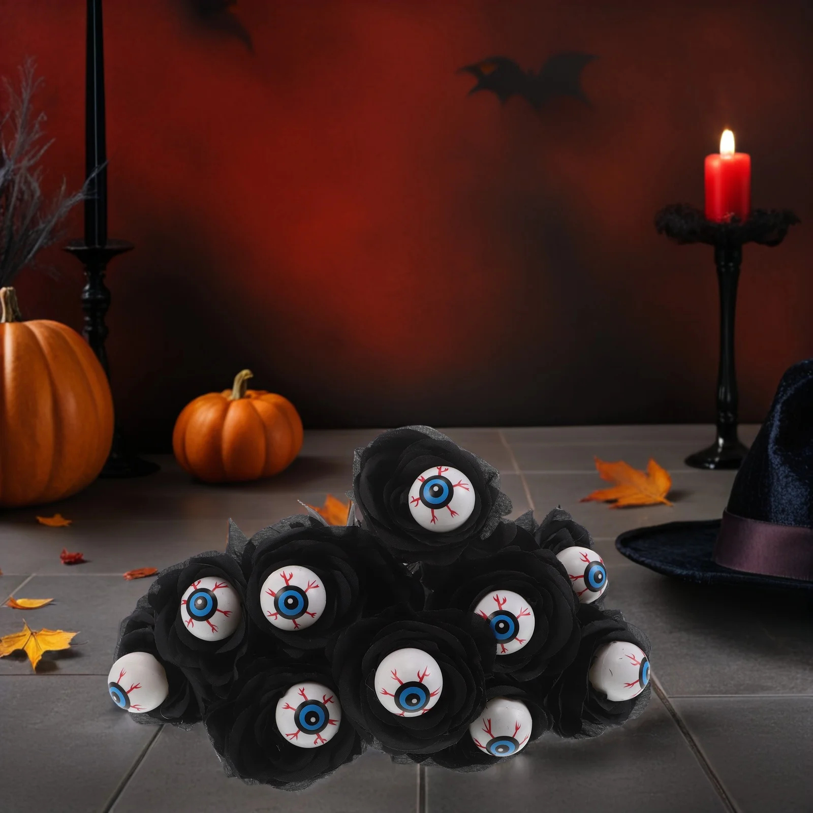 

10Pcs Halloween Decorative Artificial Flowers Black Rose Bouquet Eyeballs Spooky Fake Roses Indoor Outdoor Party Decor
