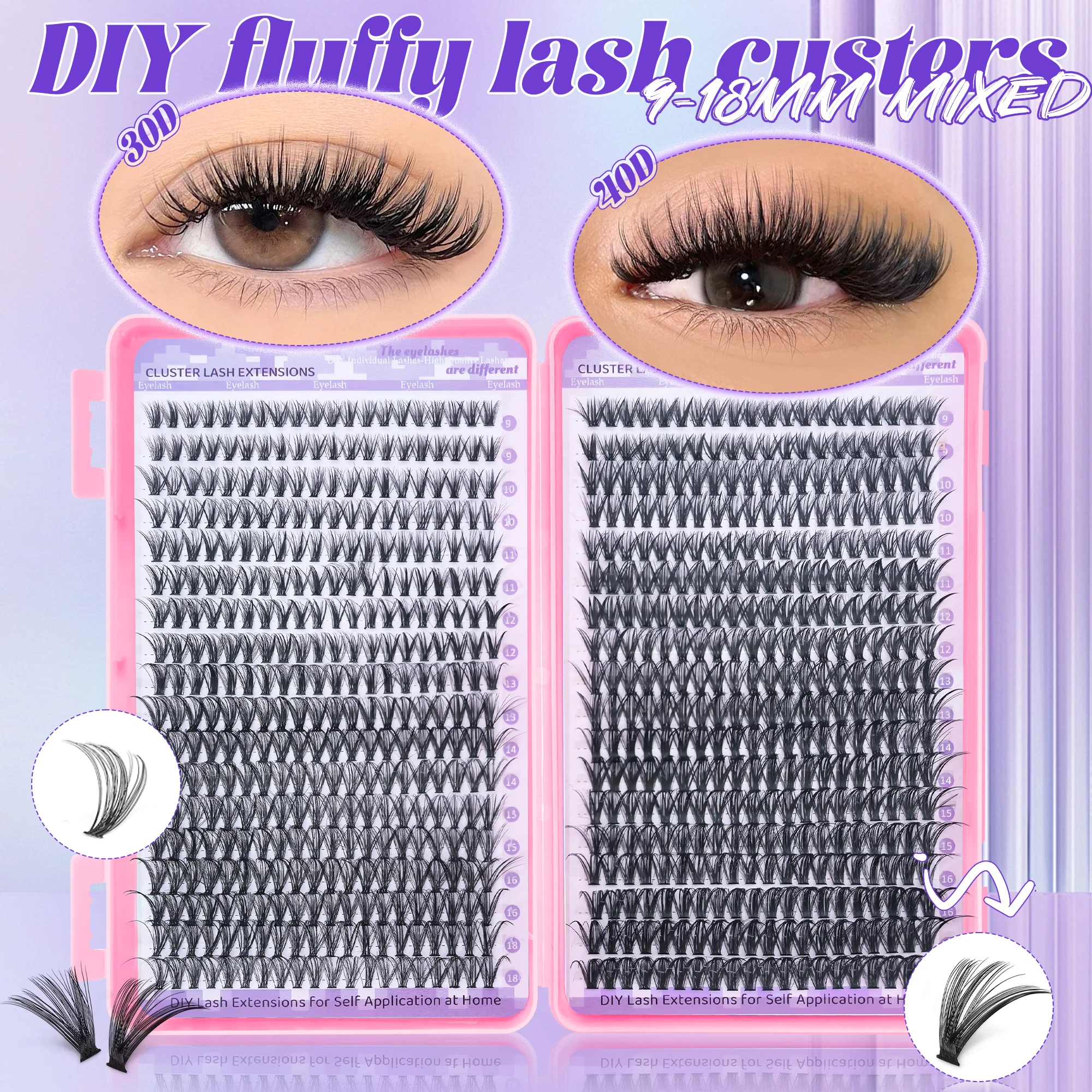 720PCS-30D/40D com adesivo, pinça, escova e modelador de cílios para DIY em casa. Desgaste longo sem fadiga ocular, como luz como fe