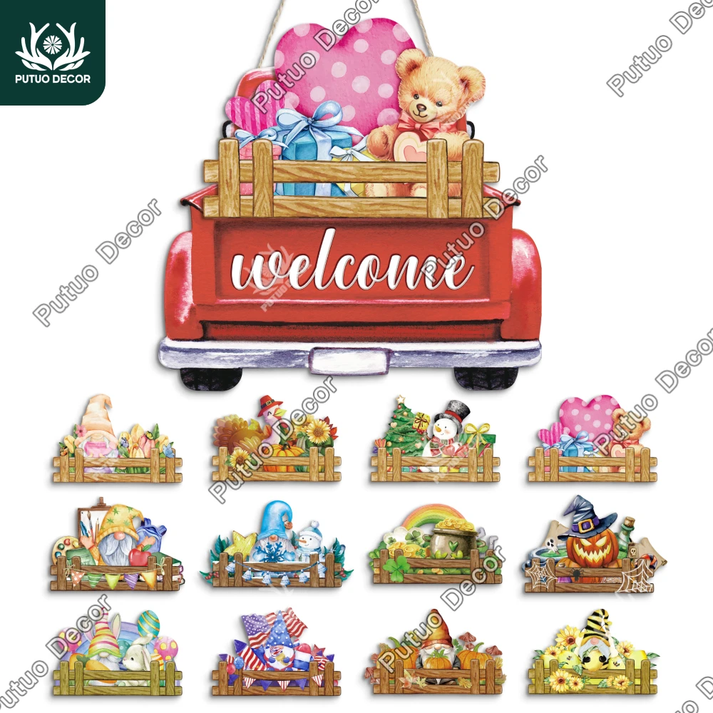 

Putuo Decor 1pc Welcome Door Decor, Wood Hanging Sign with 12 Change Velcro Icons, Home Cafe Shop, Thanksgiving Christmas Gift