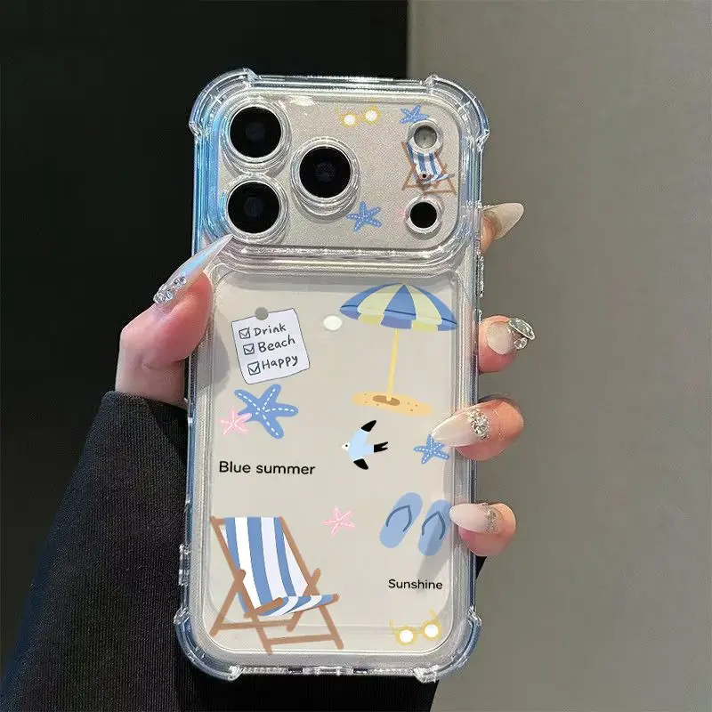Creative and Minimalist Cartoon Beach Pattern Transparent Phone Case Suitable for IPhone 17 AIR 16 15 14 13 PRO MAX PLUS Gift