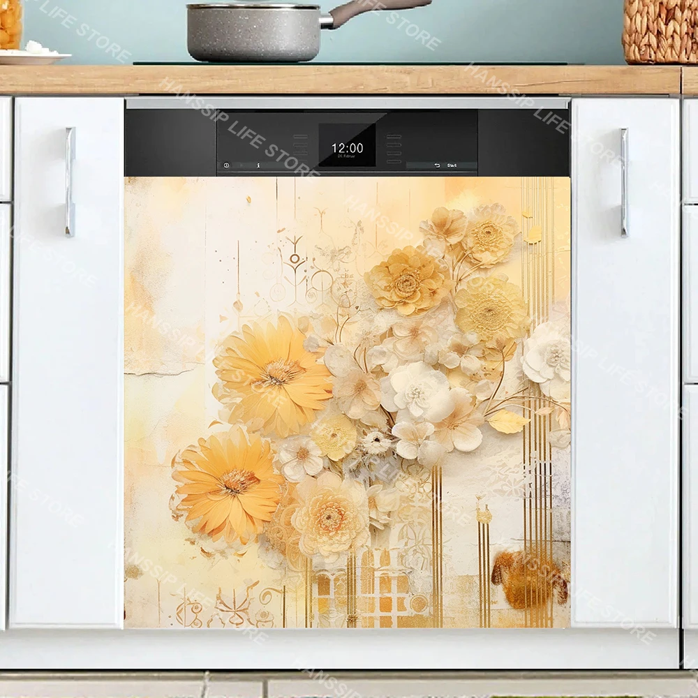 Floral Daisy Mural Dishwasher Sticker Waterproof Vinyl Removable Kitchen Decorations Dishwashing Cabinet Wrapping Cover Decals