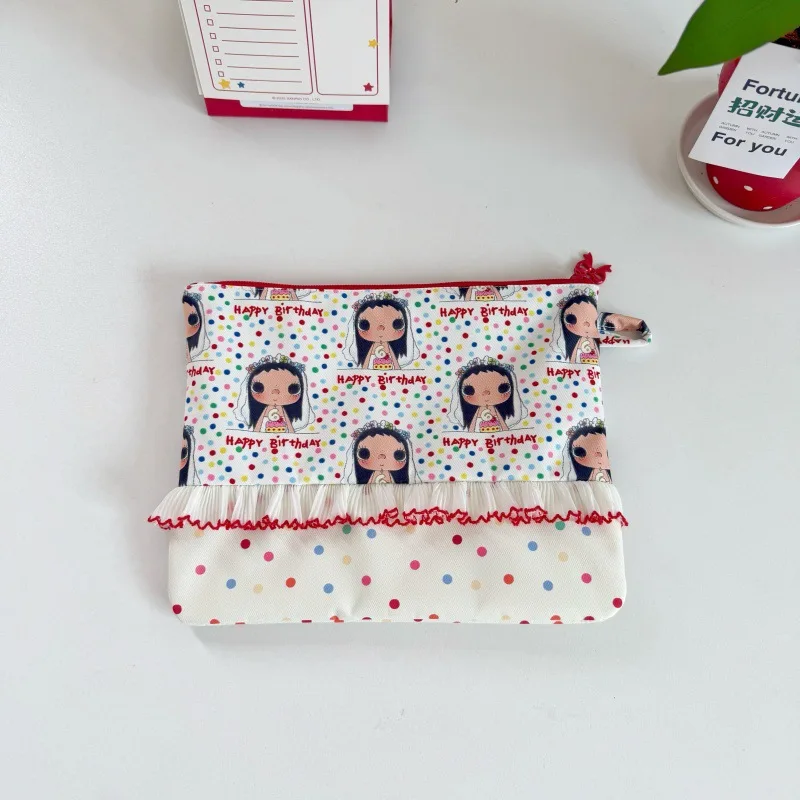Kawaii Cartoon Girl Print Ruffle Zipper Pouch Twill Composite Fabric Large Capacity Cosmetic Bag Phone Storage Pouch Girls Gift