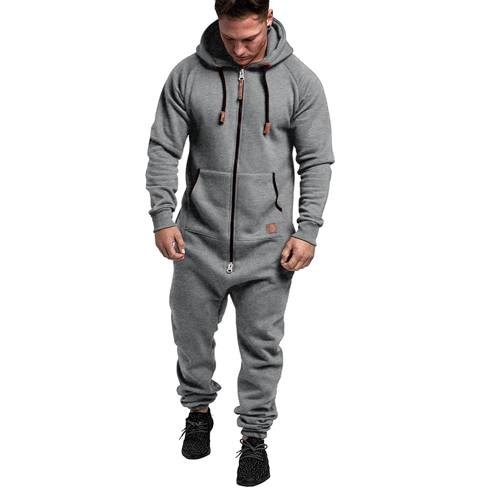 

Mens Onesie Jumpsuit Long Sleeve Fleece Sweatpants Pure Color Splicing 2025 New Autumn Winter Casual Hoodie Male Zipper Jumpsuit