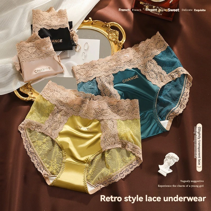 

Fangtang Jing Light Luxury Ladies' Satin Women's Underwear Mid Waist Splicing Lace Edge Large Size Hip Wrapping Triangle Pants W