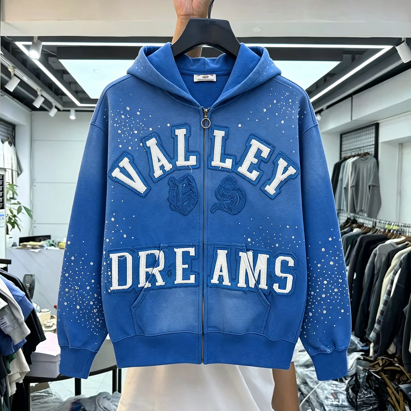 High Street Patchwork Embroidered Rhinestone Hoodie Sweatshirt Loose Casual Washed Vintage Hole Cardigan Coat for Men And Women