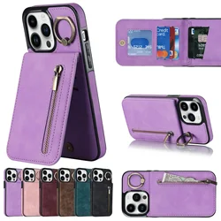 Zipper Leather Wallet Vertical Cards Solt Ring Holder Case For iPhone 14 15 Pro Max 13 12 11 XR 7 8 Plus SE 2022 RFID Bag Cover