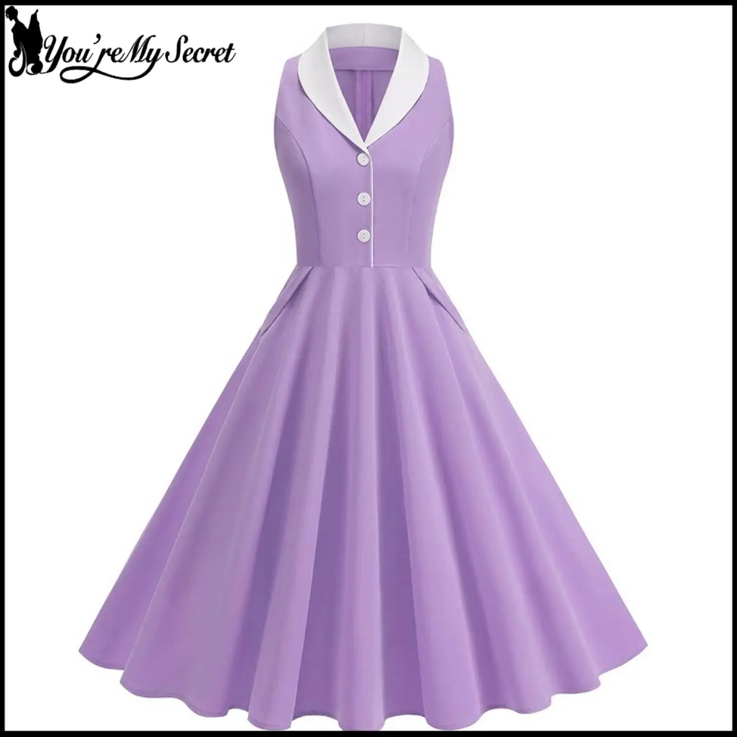 Retro 50er Rockabilly-Kleid für Damen Kontrastierender Weißer Kragen Ärmellos V-Ausschnitt Ausgestelltes Swing-Midikleid Lässiges Vintage-Cocktailkleid