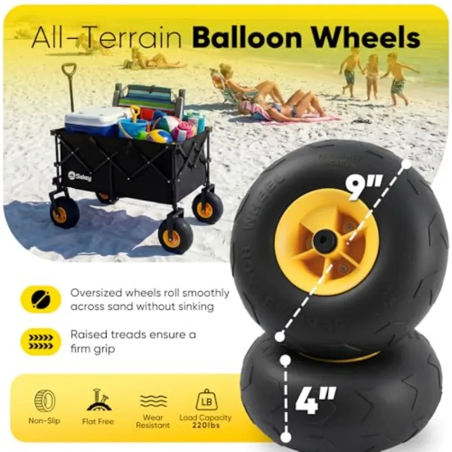Heavy Duty Beach Wagon for sand, camping, groceries steel frame, black 600lb capacity, 200L foldable cart with 9 sand-proof all