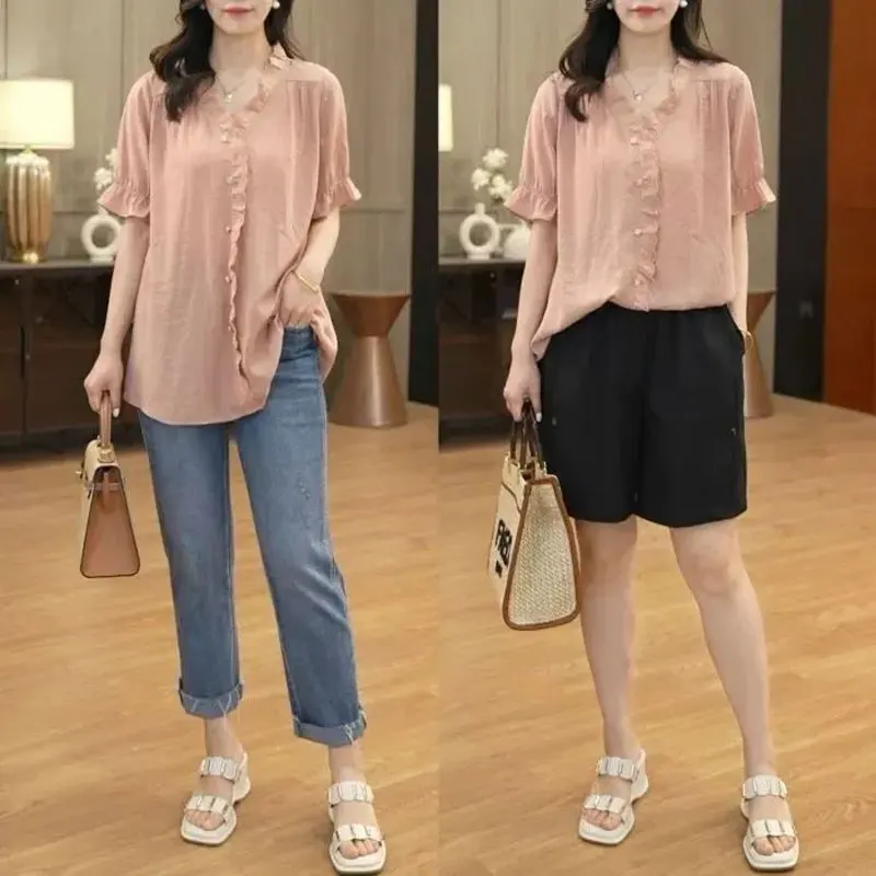 Stylish Lace Patchwork V-Neck Shirt Casual Female Clothing Solid Color Loose Summer Button Korean Short Sleeve All-match Blouse