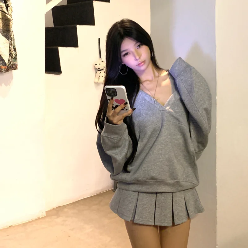 Casual Hooded Pullover Top Women Y2K V-neck Hoodies Solid Harajuku Long Sleeve Hoodie Oversized Tops Female Loose Clothing