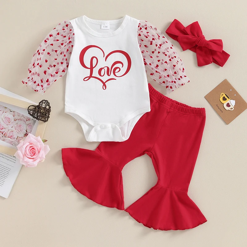 

Baby Girls 3-Piece Valentine’s Day Set with Puff Sleeve Romper Flare Pants and Matching Headband - Cute Infant