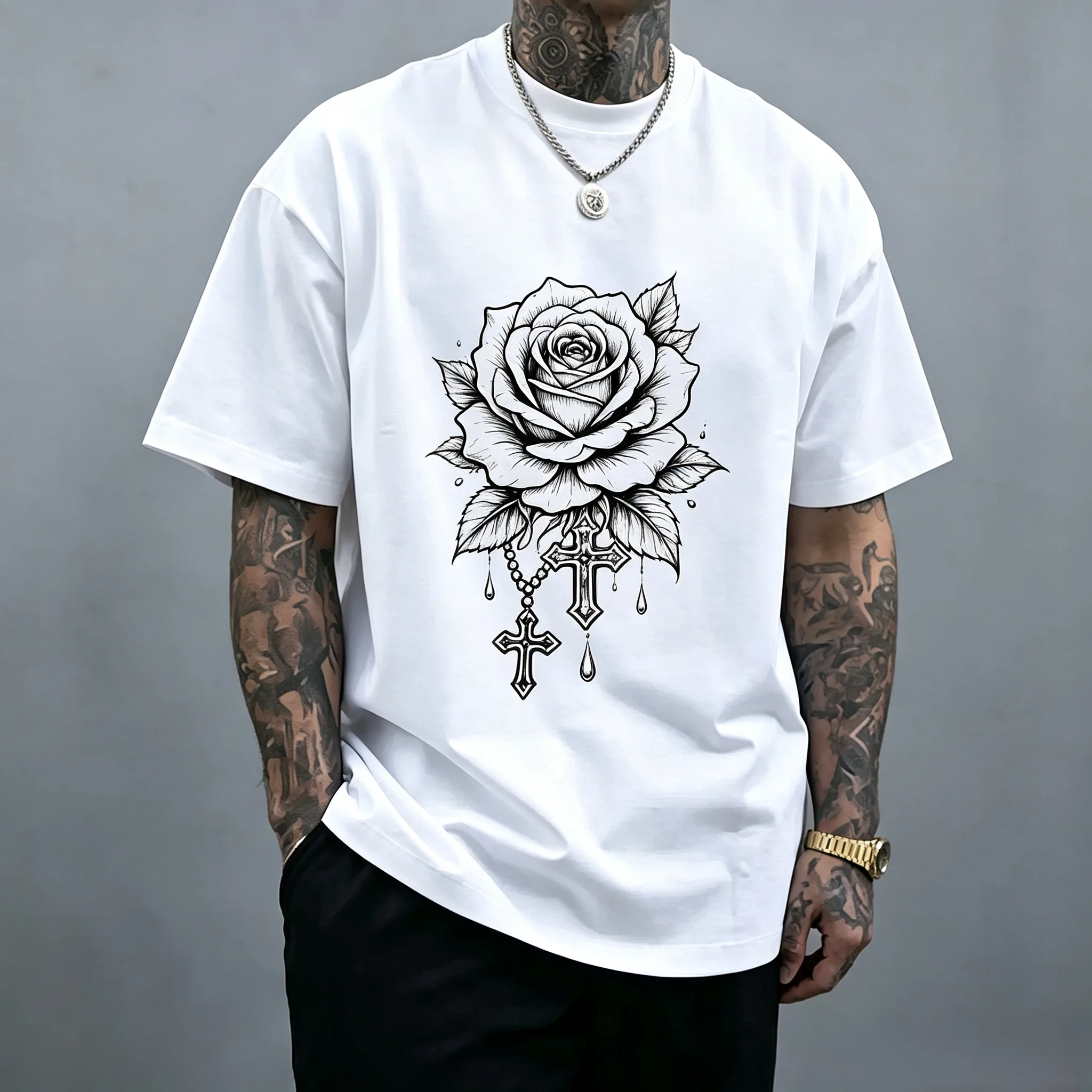 Unisex Rose Cross Rosary Graphic T Shirt Men Vintage Black Line Art Oversized Tee Women Christian Gothic Hip Hop Streetwear Short Sleeve T-shirt