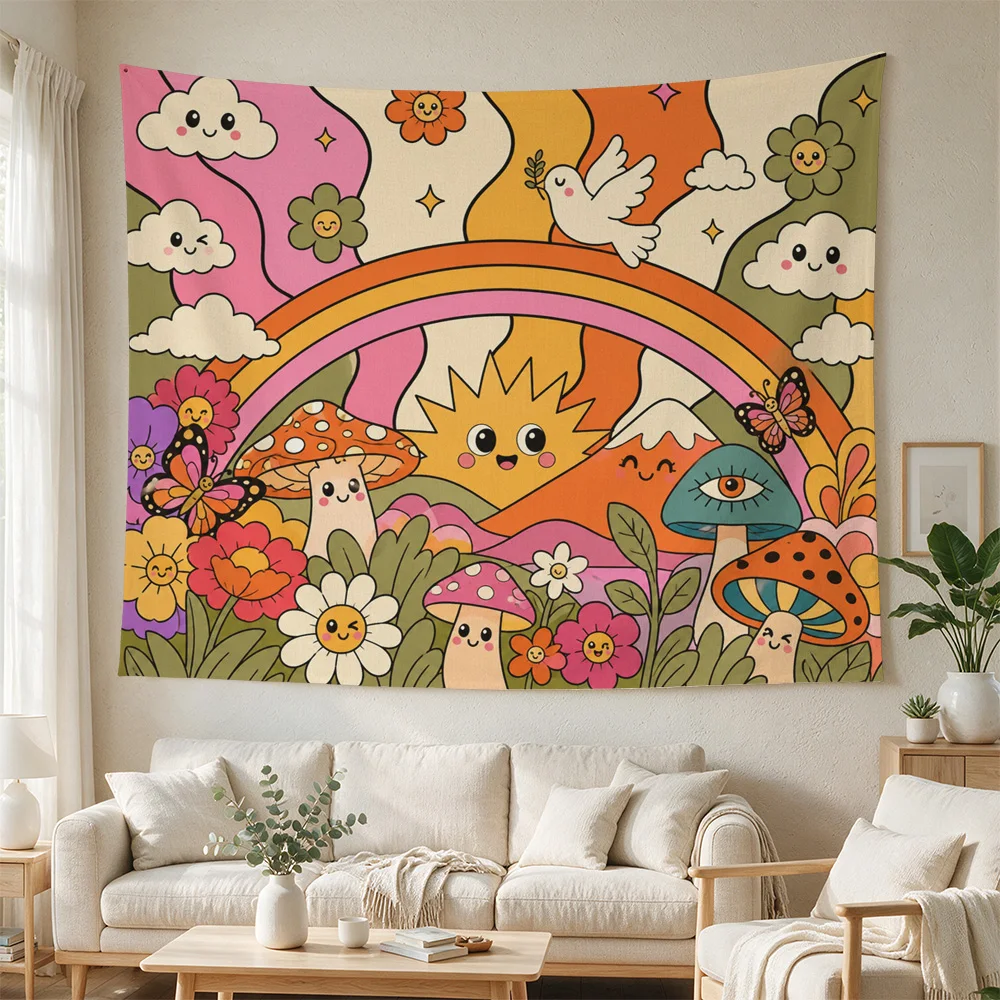 Boho Rainbow Mushroom Cottagecore Nursery Wall Hanging Tapestry Cute Floral Kids Room Decor