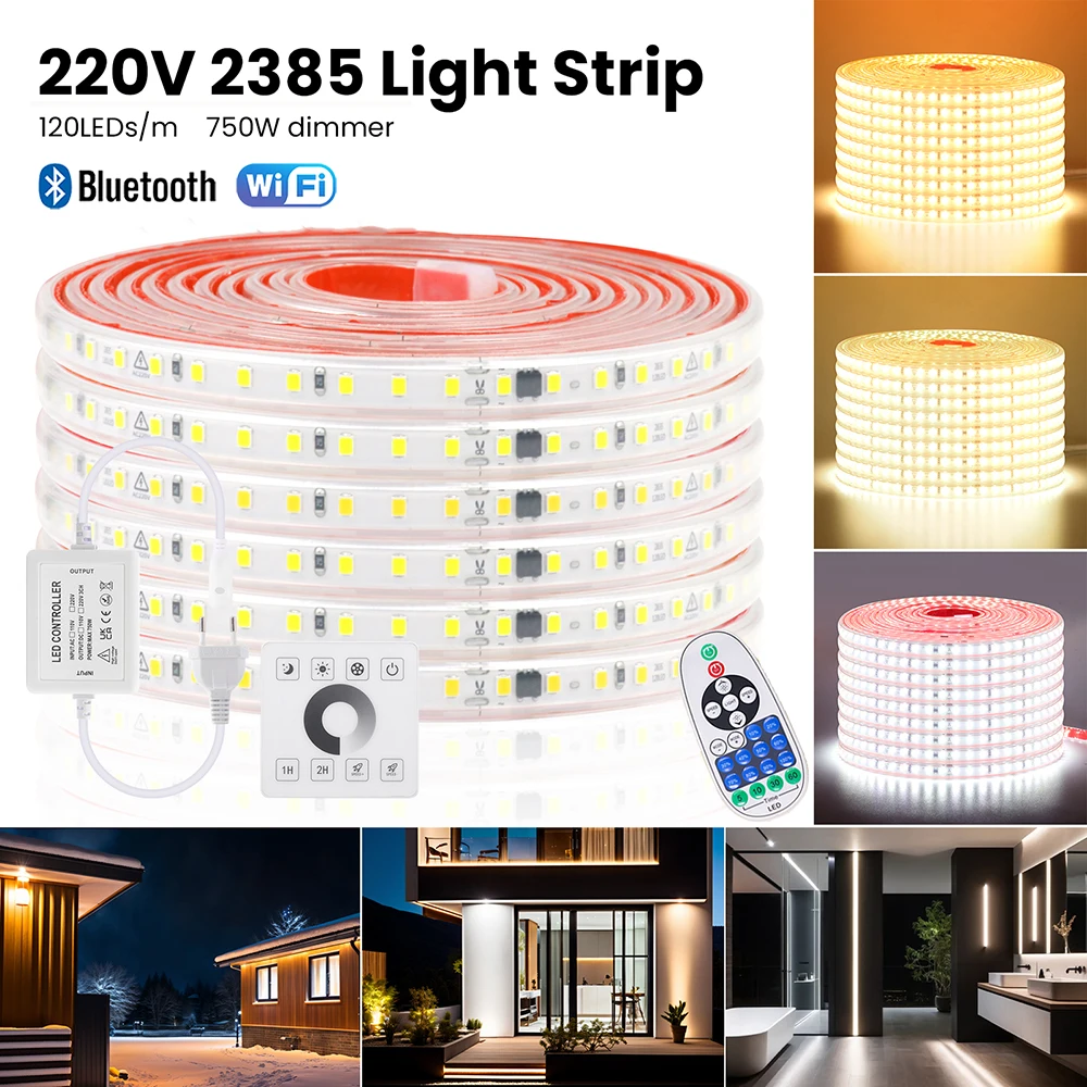 

220V WIFI Bluetooth LED Strip Light Wall Touch 23key Remote EU 750W Controller Kit 2835 120LED/M Waterproof Flex Tape Home Decor