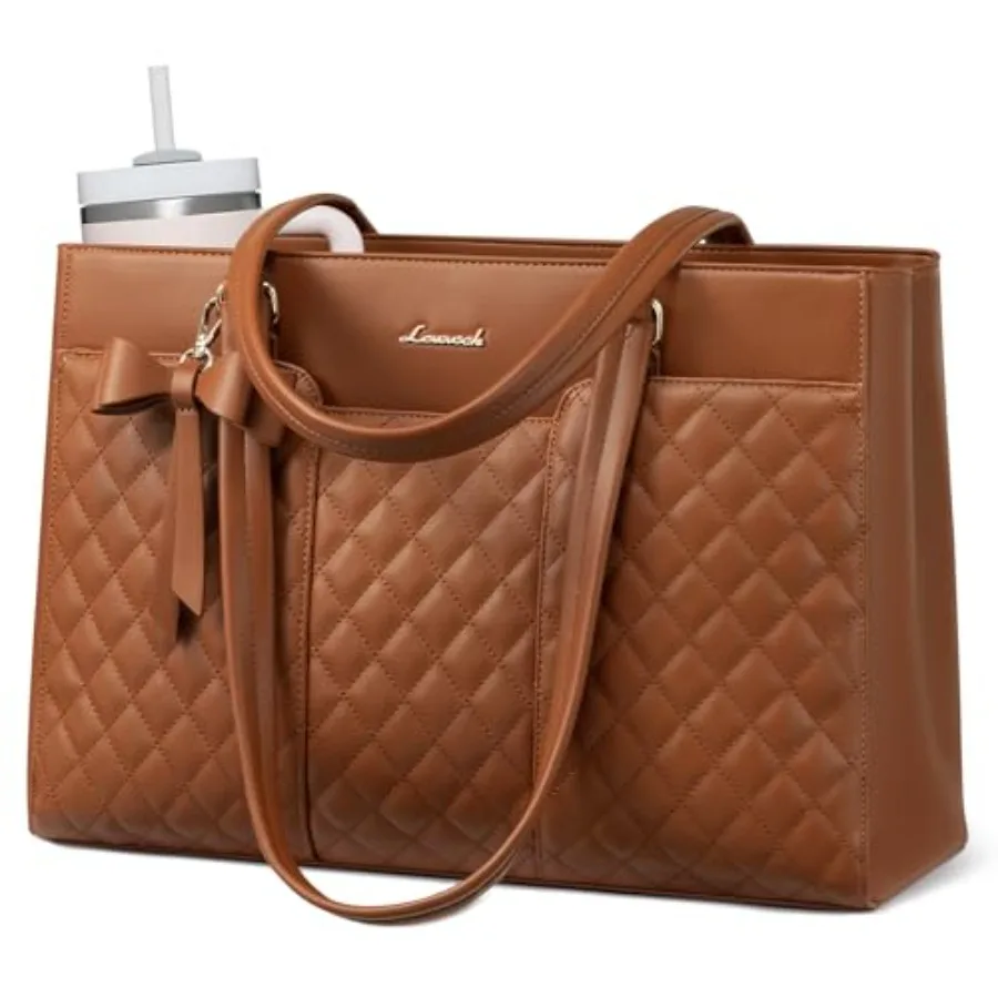 

Laptop Tote Bag for Women, Work Bags PU Leather Teacher Tote Bag, Waterproof Quilted Computer Bag for Office Professional Brief