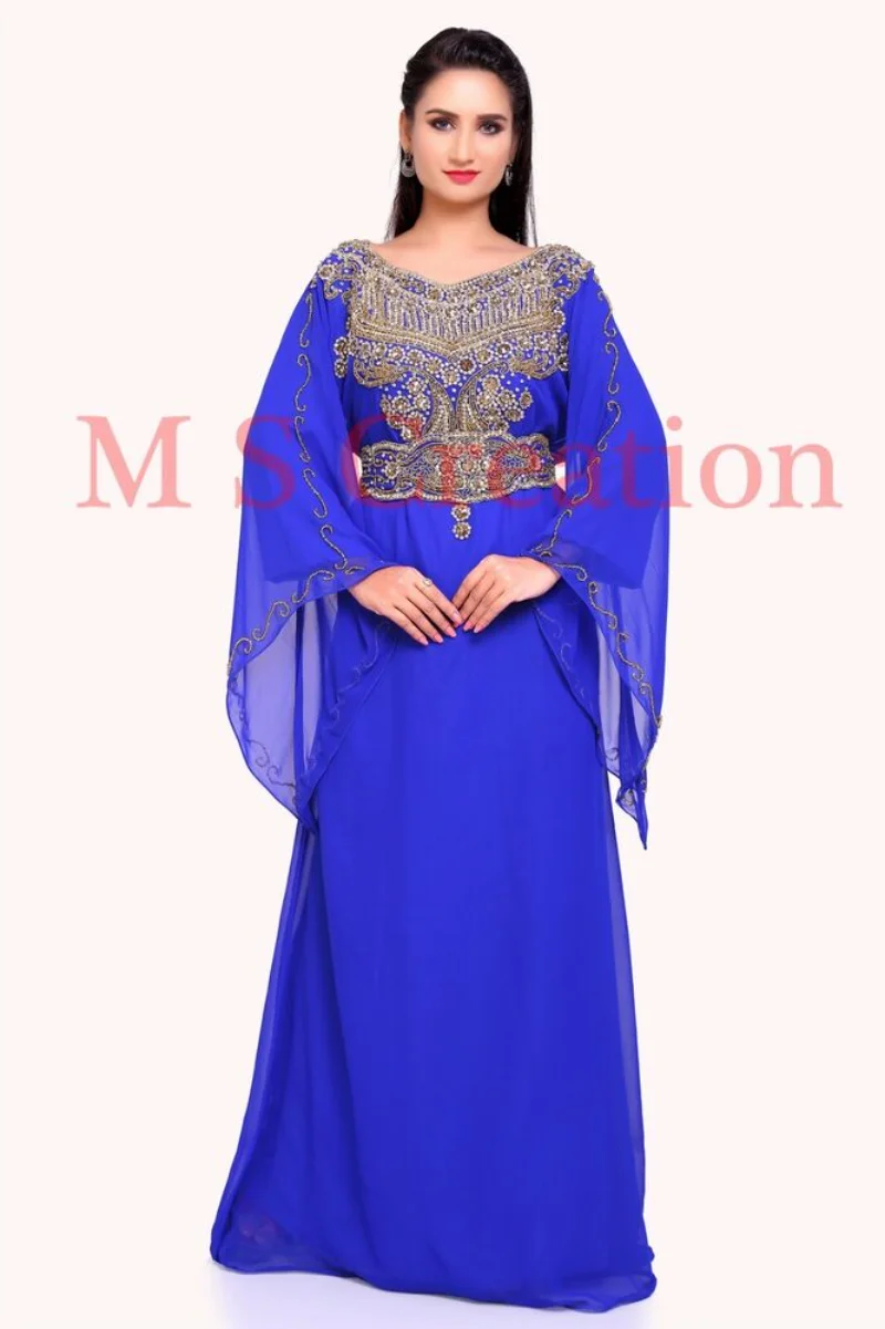 

Dubai Robe Farasha Gown Dress Moroccon Royal Blue Georgette Arab Dress 54 Inches