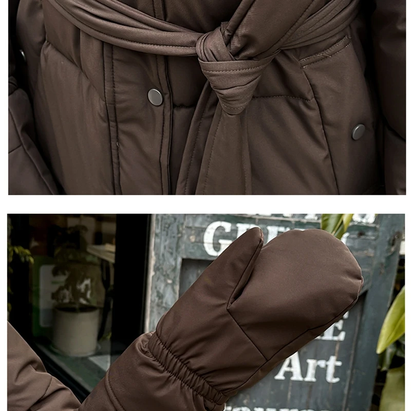 冬用厚手暖かいフード付きビッグファーカラー女性用ロングパーカー細身ウエストベルト付き手袋付き気質通勤ダウン綿入りコート