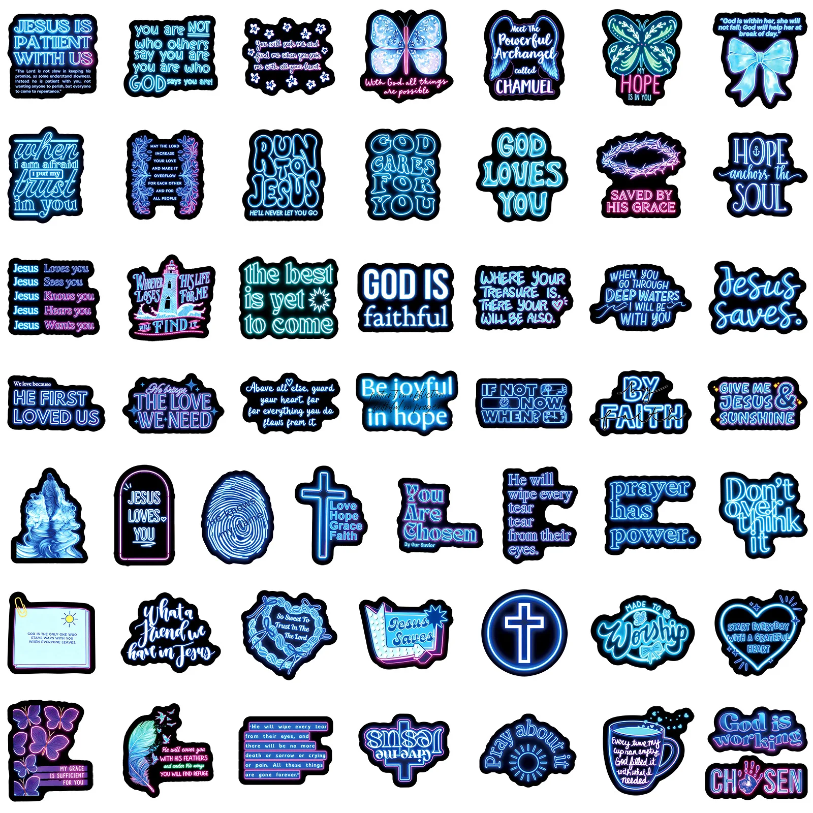 50Pcs Neon Light Style Blue Bible Stickers Inspirational Short Sentences Graffiti Decoration Notebook Mobile Guitar Suitcase