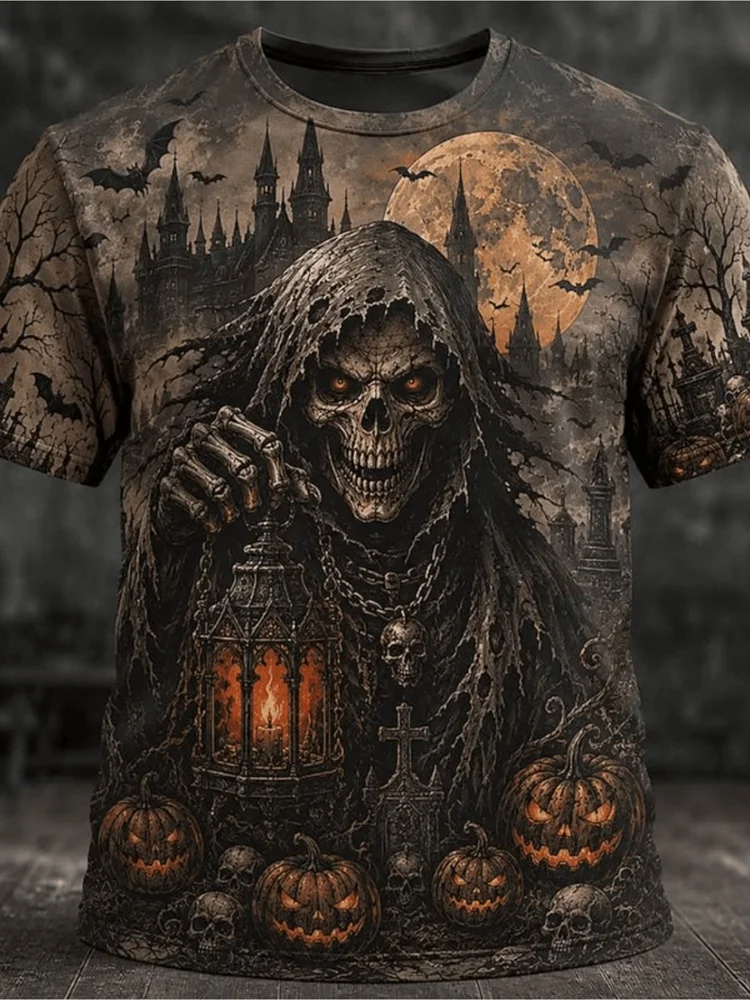 Men's Halloween Grim Reaper T-Shirt Skull Lantern Pumpkin Castle Bat Full Moon Graphic Tee Pullover Tops Gift New 2026 Hot