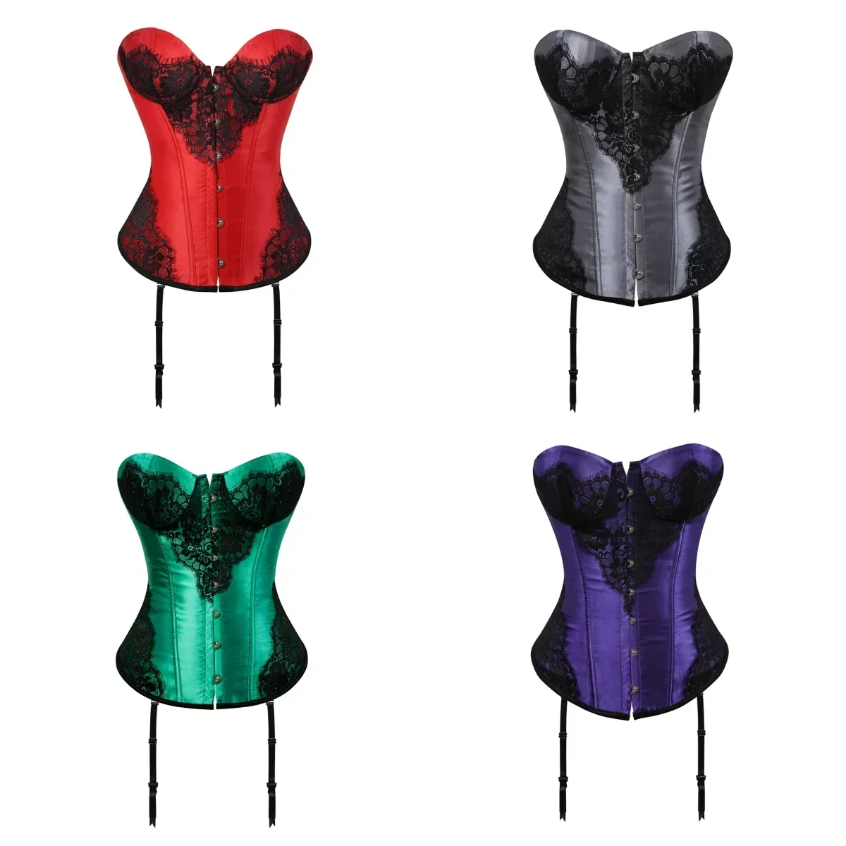 Corsetto da donna Stile gotico Bustier Bustini in raso Corsetti a righe sexy Corpetto classico Sovrapposizione di pizzo Korsett Costume di San Valentino