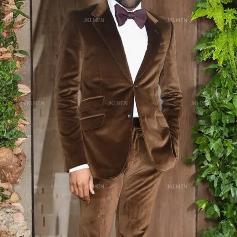 남성용 브라운 벨벳 무도회 수트, 슬림핏 2 피스 웨딩 신랑 턱시도, 남성용 정장 재킷, 바지 포함, 노치드 라펠 블레이저 패션