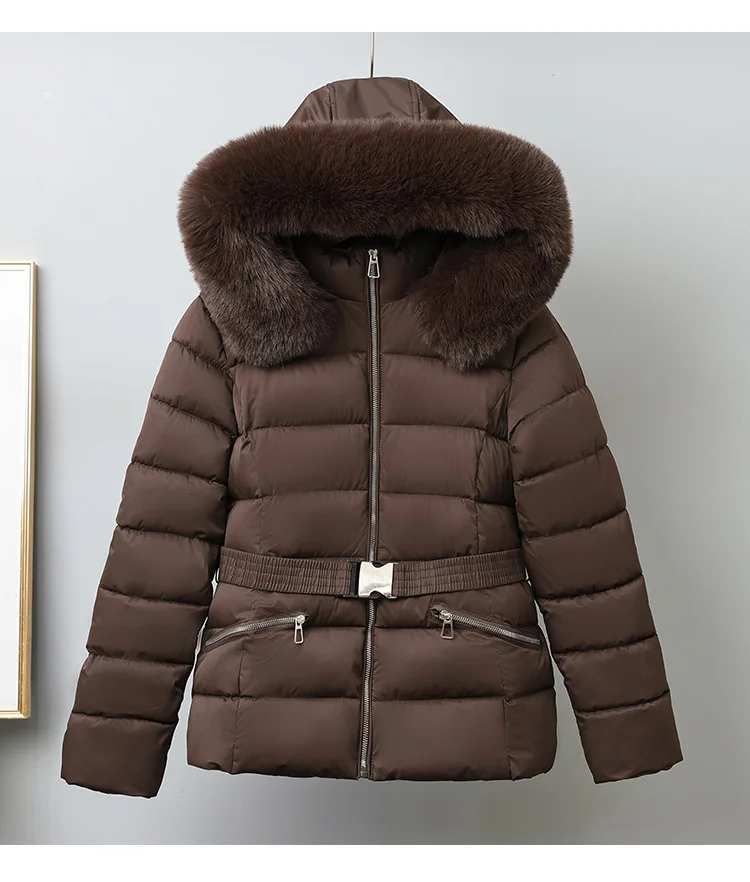 Winter Solid Color Long-sleeved Fur Collar Hooded Short Down Cotton Jacket Women's Slim Winter Thickened Versatile Warm Jacket