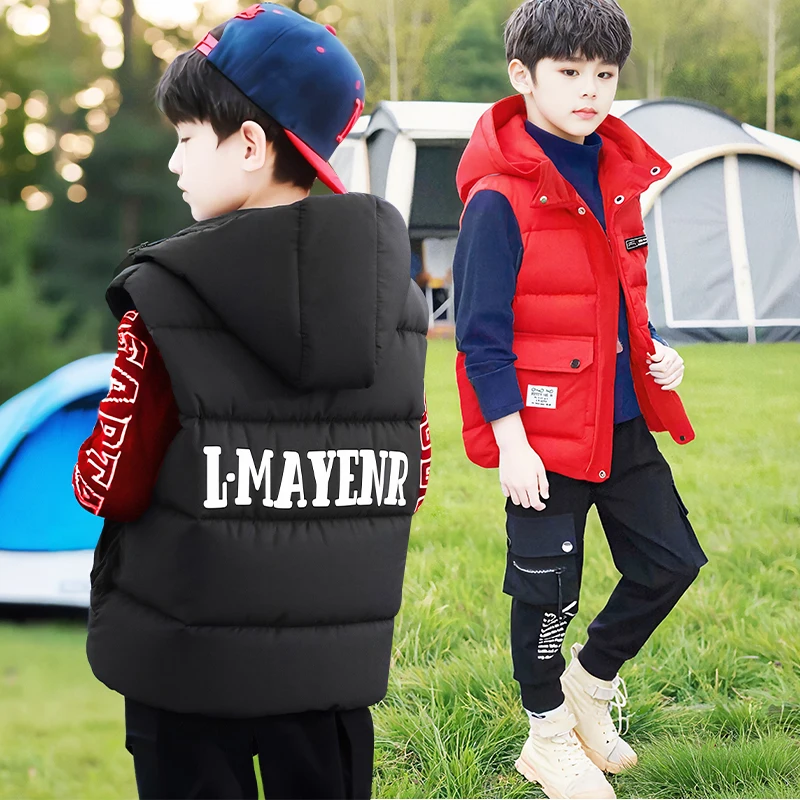

Boy's Thickened Autumn and Winter Warm Simple Sleeveless Hooded Handsome Cotton Vest Coat.4-14year