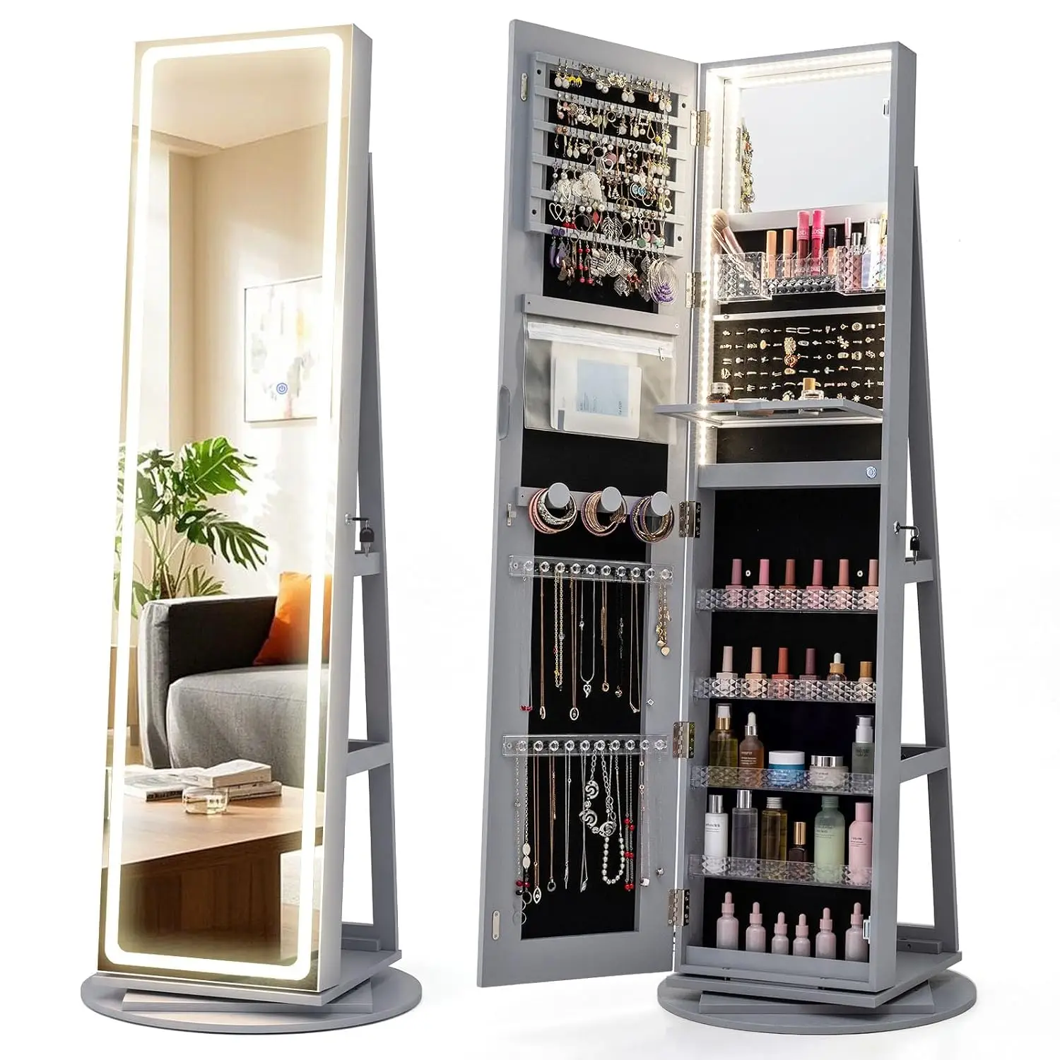 360° Rotating Jewelry Armoire with LED Lighted Full Length Mirror & Built-in Vanity Mirror, Lockable Standing Jewelry Cabinet