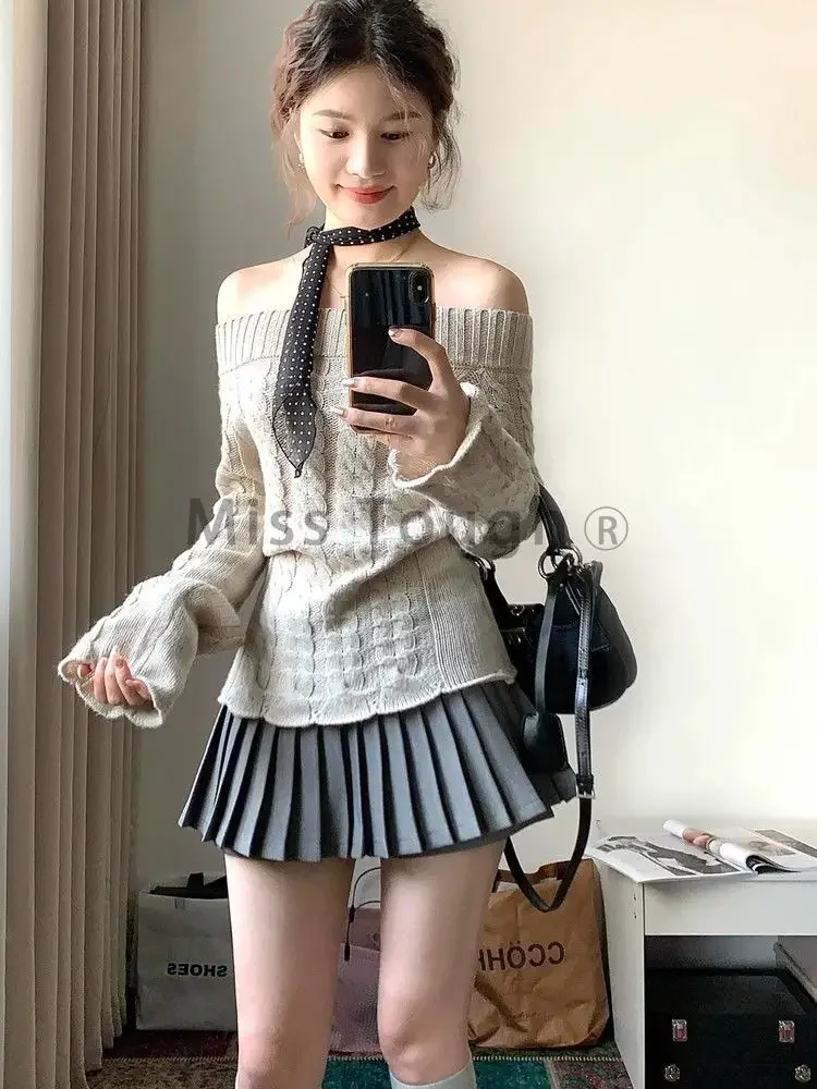 Korean Fashion Slim Knit Off Shoulder Tops Women Vintage Casual Long Sleeve Solid Knitwear Female Design Chic Elastic Sweater