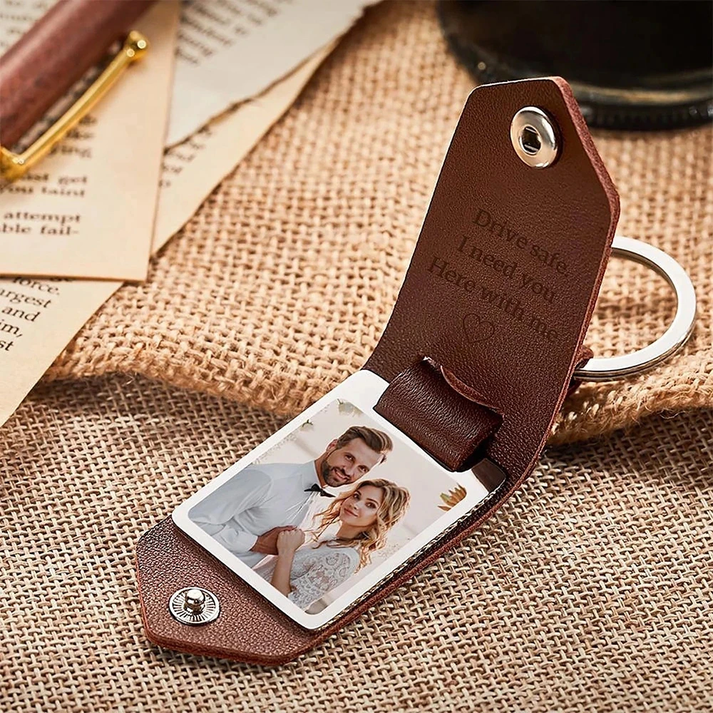 Customized Photo Leather Keychain Stainless Steel Personalized UV Color Printing Picture Jewelry Fashion Father Gifts Engraving