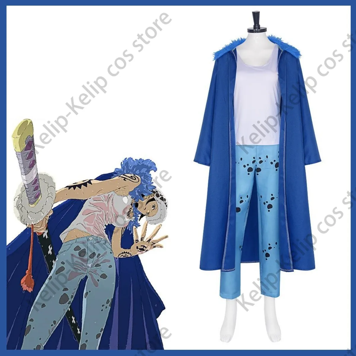 Anime Trafalgar D. Water Law Cosplay Costume Female Blue Woolen Collar Cloak Cape Uniform Adult Woman Halloween Carnival Suit