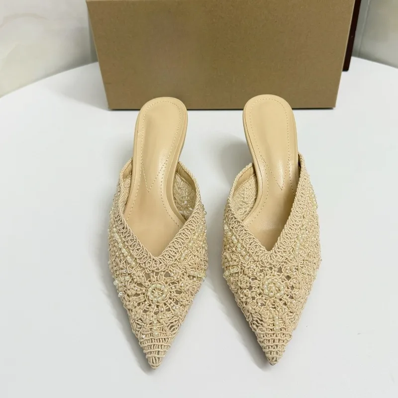

Women Outside Wear 2026 New Style Hollow Weave Backless Mules Heels Shoes Fashion Large Size Sandals for Woman Spring Slippers
