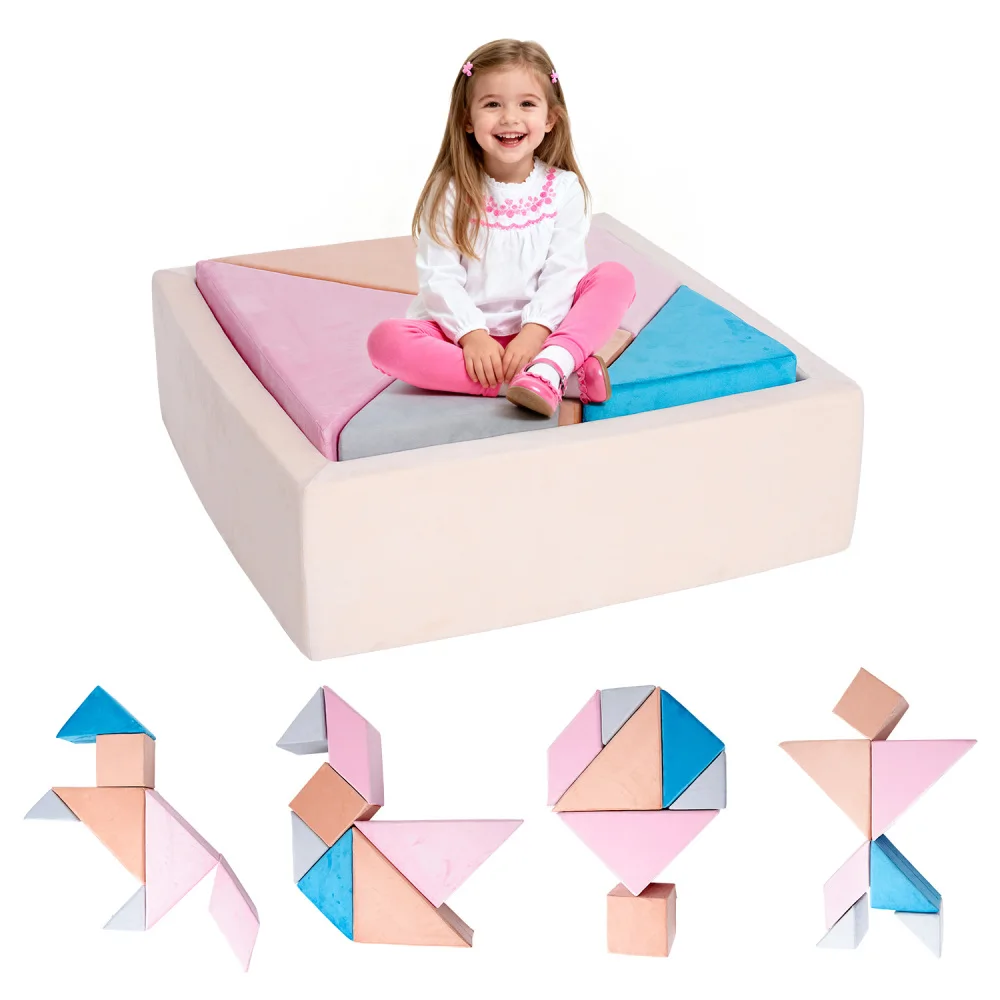 

Tangram Puzzle Modular Kids Play Couch: Buildable Fort, Explorer Sofa with Ball Pit, All-Sponge Convertible Playroom Furniture t
