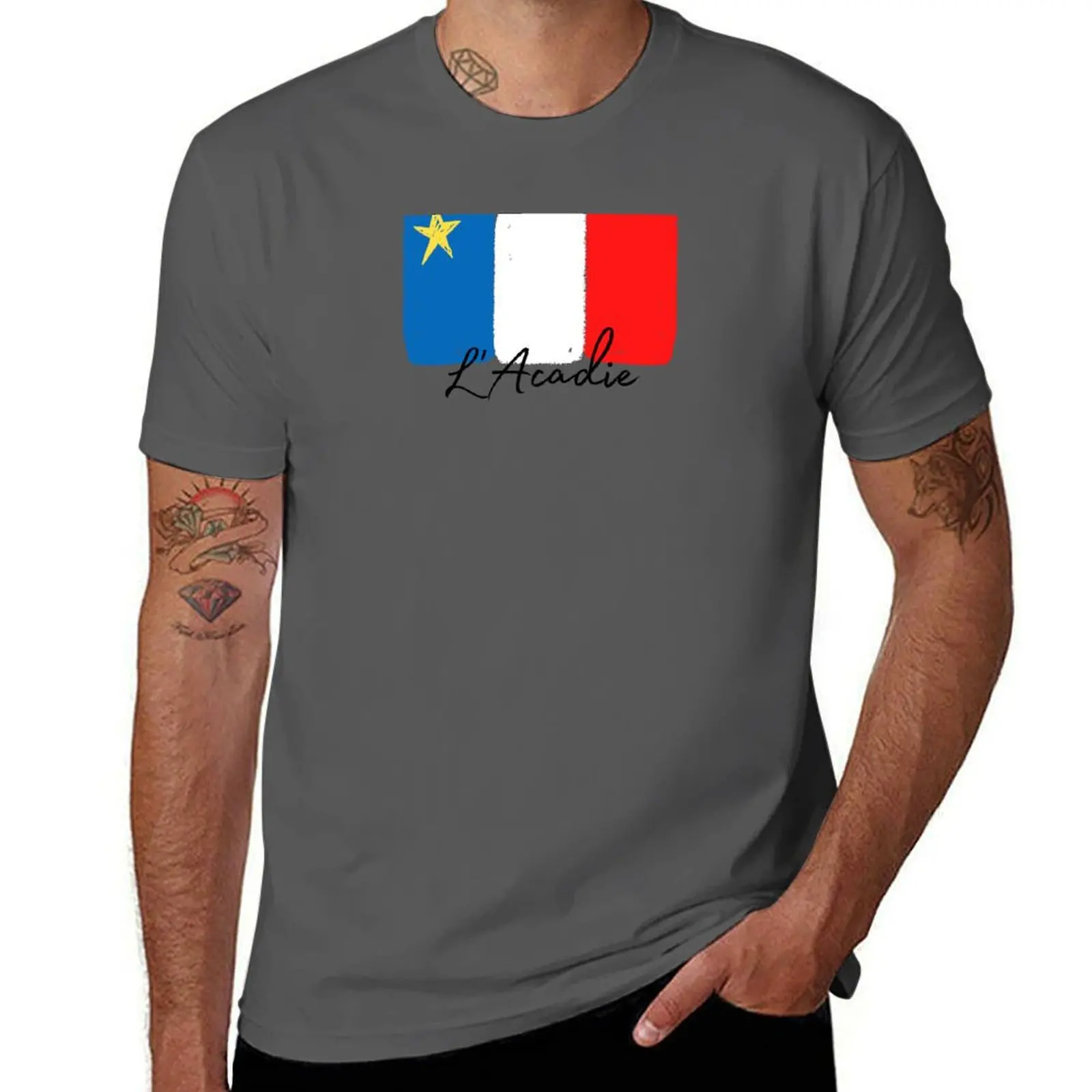 

Acadian Flag (Painted Style with French L'Acadie text) T-Shirt cotton t shirt man t shirt man casual T-Shirt