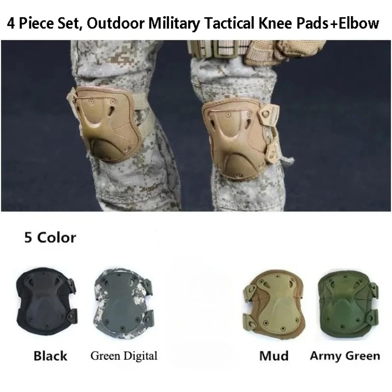 4 Piece Set, Outdoor Military Tactical Knee Pads+Elbow Brace Protector Suit Riding Mountaineering Knee Support CS Equipment