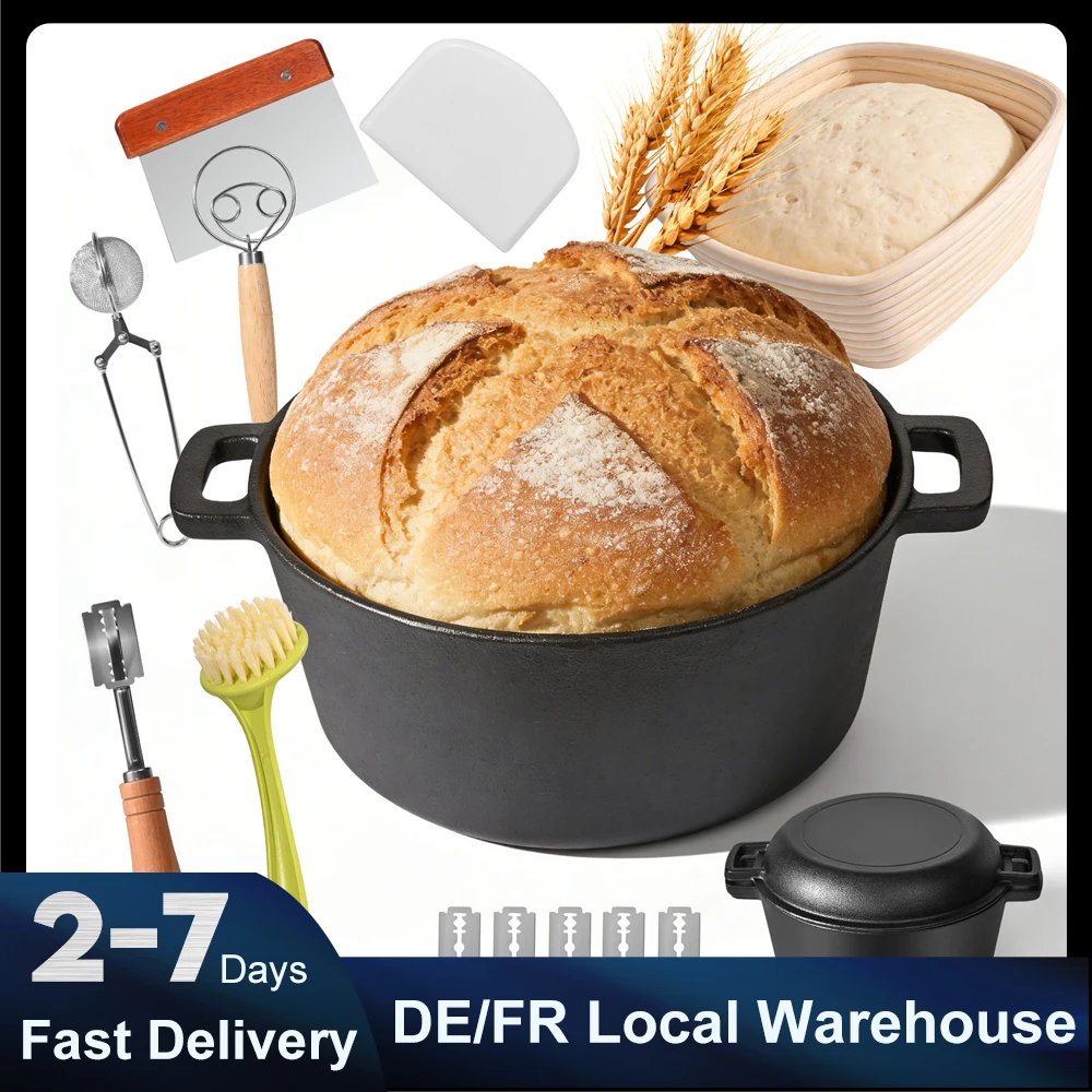 2-in-1 Gusseisen-Dutch-Oven-Topf und Bratpfanne mit Gärkorb, Kochgeschirr-Set zum Braten, Backen, Camping und Grillen