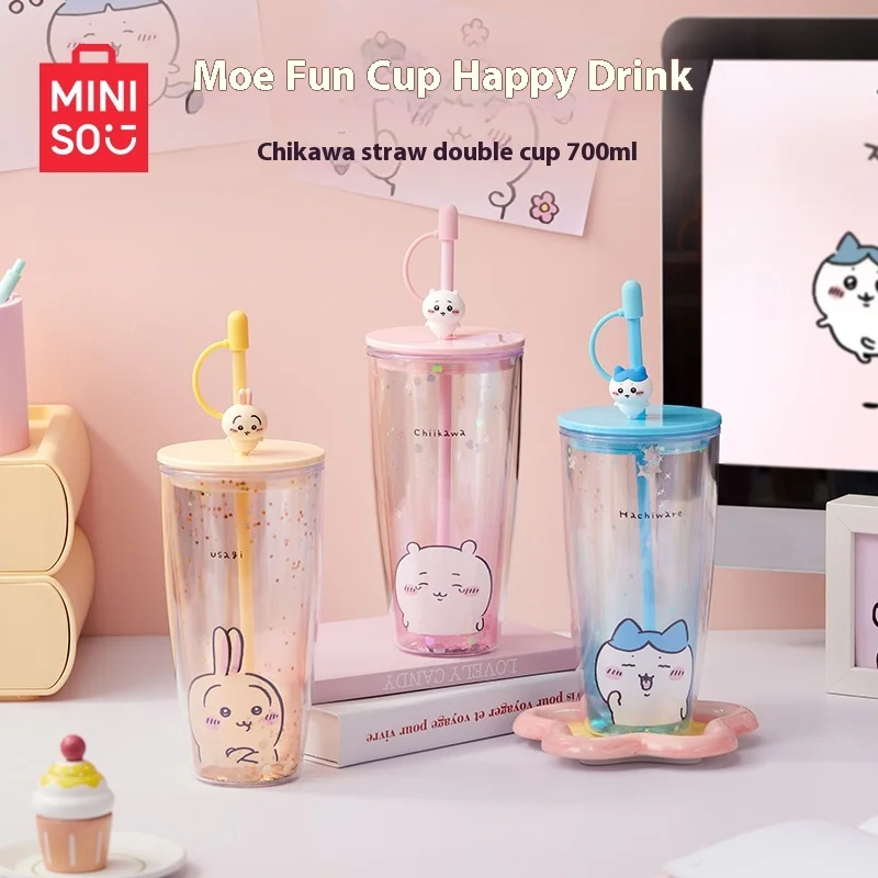 

Miniso Chikawa соломенная двойная чашка большая емкость летняя пластиковая чашка выглядит мило дизайн прочный для повседневного использования