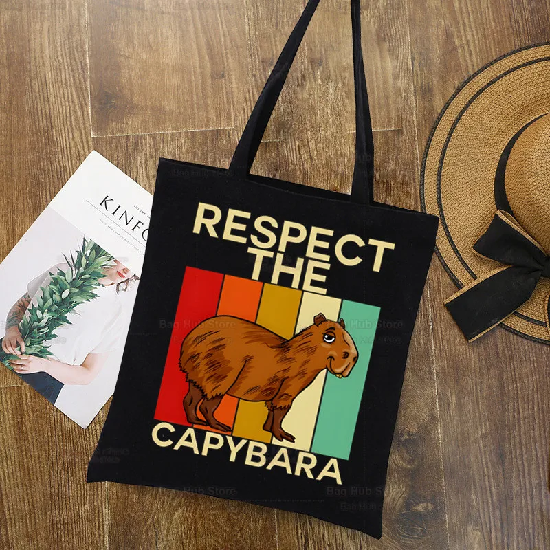 Capybara Funny Cartoon Black Design Shoulder Canvas Bags Harajuku Cute Animal Capybaras Handbag Capibara Women Bag Shopping Bag