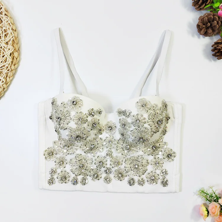 SsTss Sexy Rhinestone Decoration Bustier Corset Top for Women Fashion Summer Luxury Floral Fishbone Skinny Club Party Crop Camis