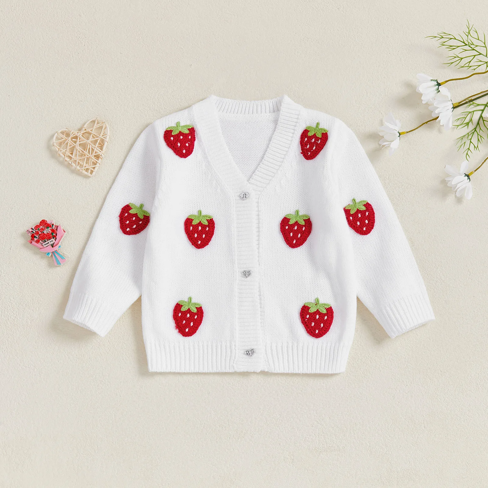 

Tregren Infant Baby Girls Sweater Casual Crocheted Strawberries Infant Button Cardigan Knitwear for Toddler Warm Clothes