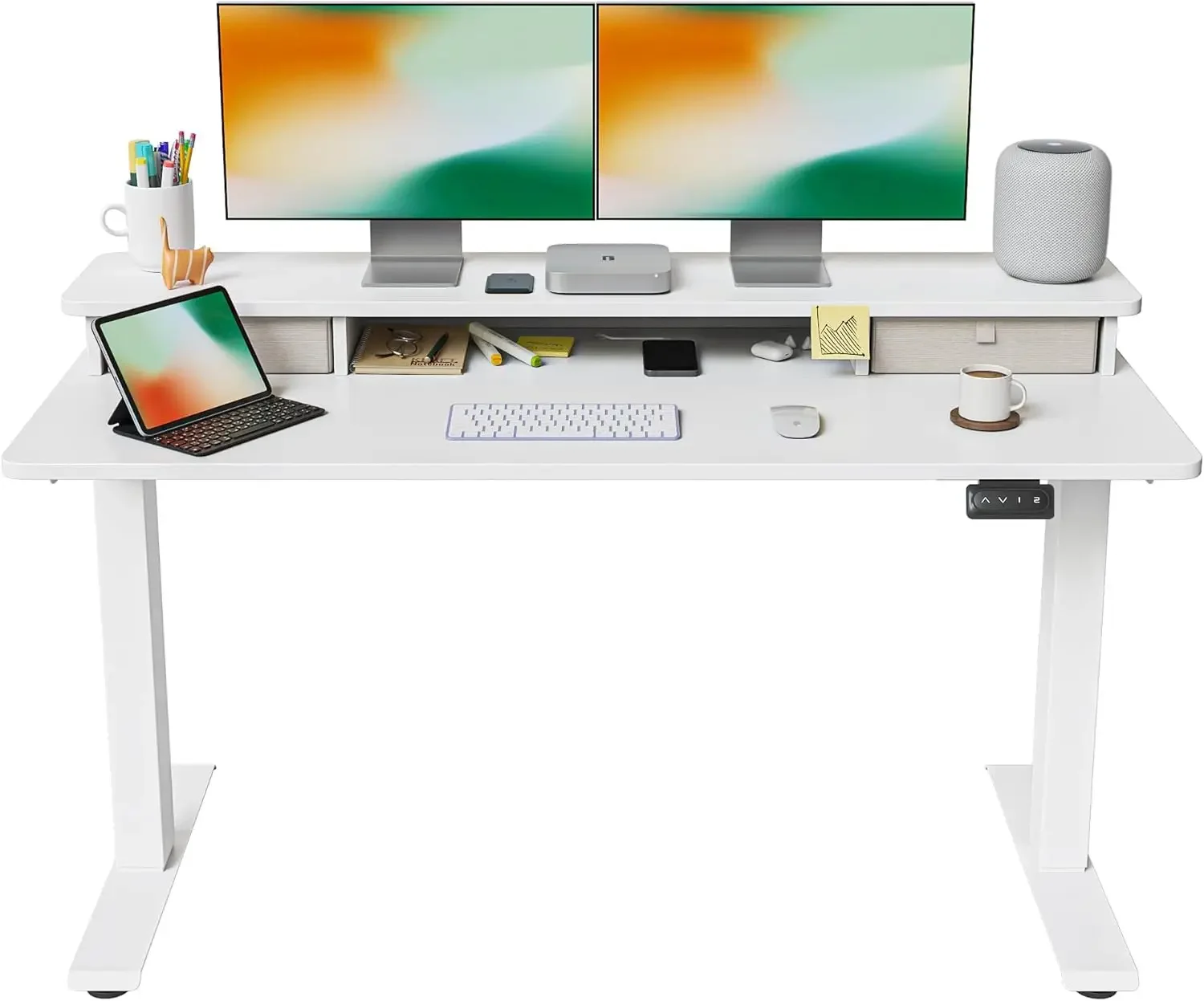 55 X 24 Inch Height Adjustable Electric Standing Desk with Double Drawer, Stand Up Desk W/ Storage Shelf, Sit Stand Desk, White