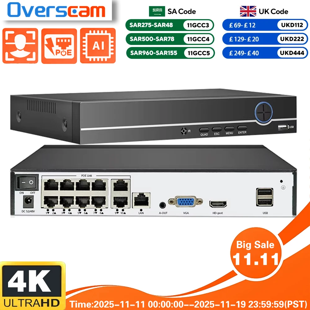 

16CH 4K 8MP PoE NVR Video Recorder for Home Security CCTV System 10CH 24/7 Recording H.265 Face Detection 8CH Network Recorder