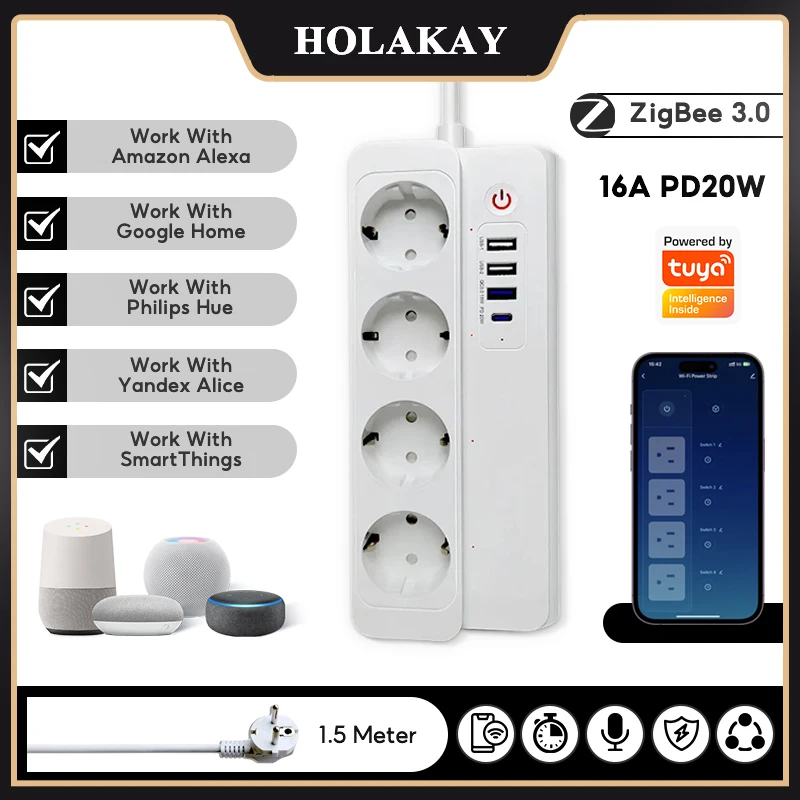 Holakay Zigbee 3.0 Smart Power Strip, 20W PD Fast Charging, USB Sockets, EU Plug, Compatible with Alexa, Google Home, SmartThing