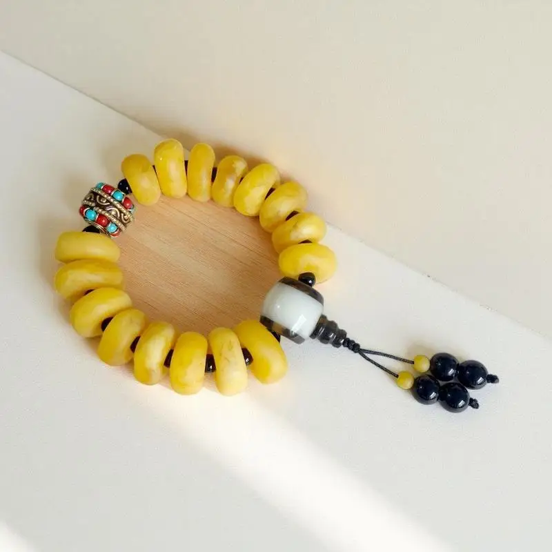 Vintage design original matte yellow dense disc paired with Tibetan cow bone three-way Nepal spacer bead and black agate pe