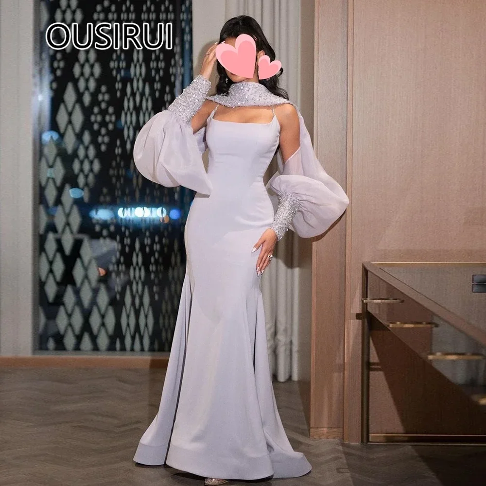 

Spaghetti Straps Satin Bridesmaid Sheath Sexy Evening Party Dress with Detachable Sleeve Bachelorette Gown with Beaded Crystal