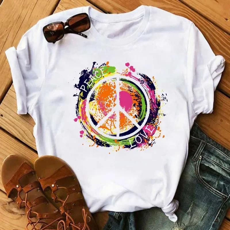 Peace Sign Printed Pattern Round Neck Short Sleeve T-shirt Women's Large Size Top Fashion Girl Round Neck Shirt Pro Choice