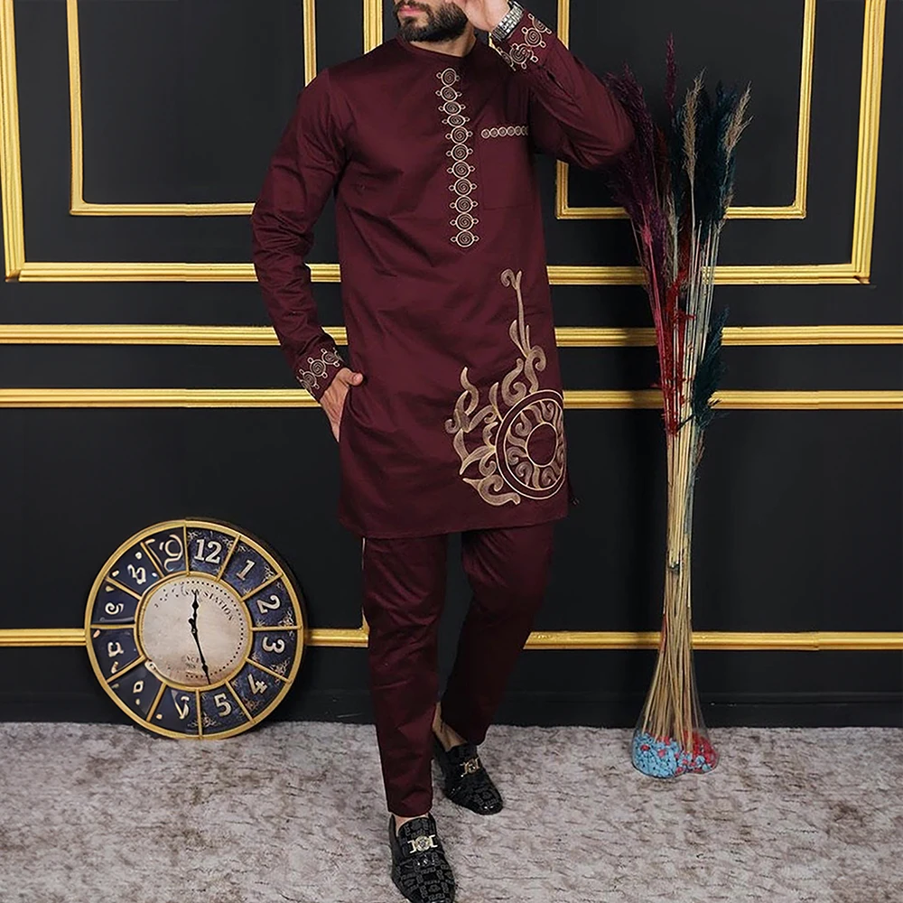 Kaftan Luxury Men Suit Embroied Top Trousers 2 Piece Set Dashiki African Traditional Ethnic Style Clothes For Man Wedding Dress