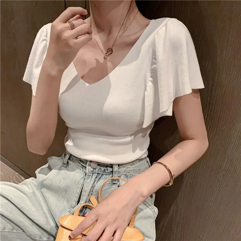 Summer Lady New Puff Sleeve V-neck Short Sleeved Knitting T-shirt Solid Color Slim Comfortable Affordable All-match T-shirt