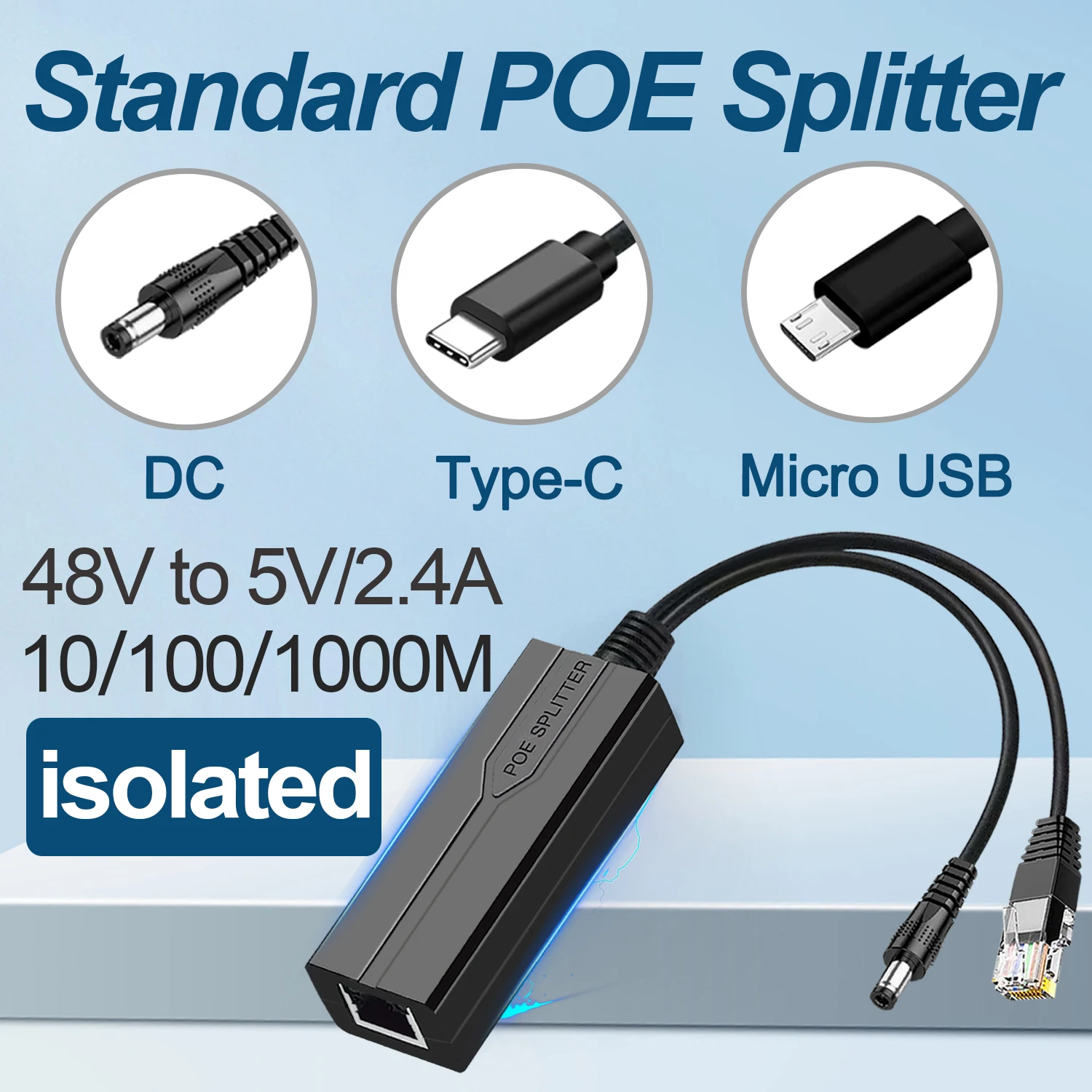 adaptador divisor poe 48v a 5v separador adaptativo ativo ativo injetor de isolamento micro usb tpye c usb femea para camera 1000m 01