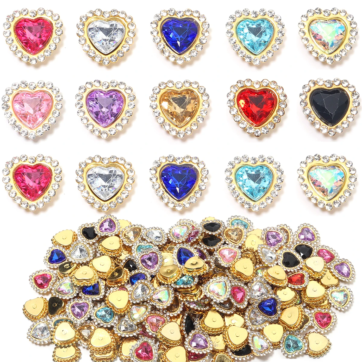 20pcs Love Heart Acrylic Rhinestones With Gold Claw Sew On Beads Metal Base Buckle For DIY Clothing Hair Accessories Decorative